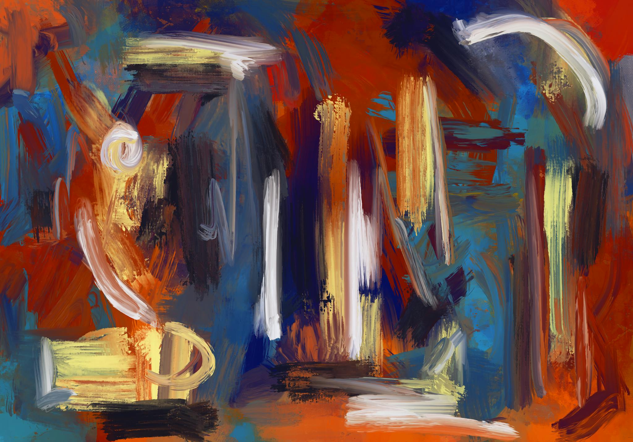 Dynamic abstract painting with bold, colorful brushstrokes in a vibrant artistic style.